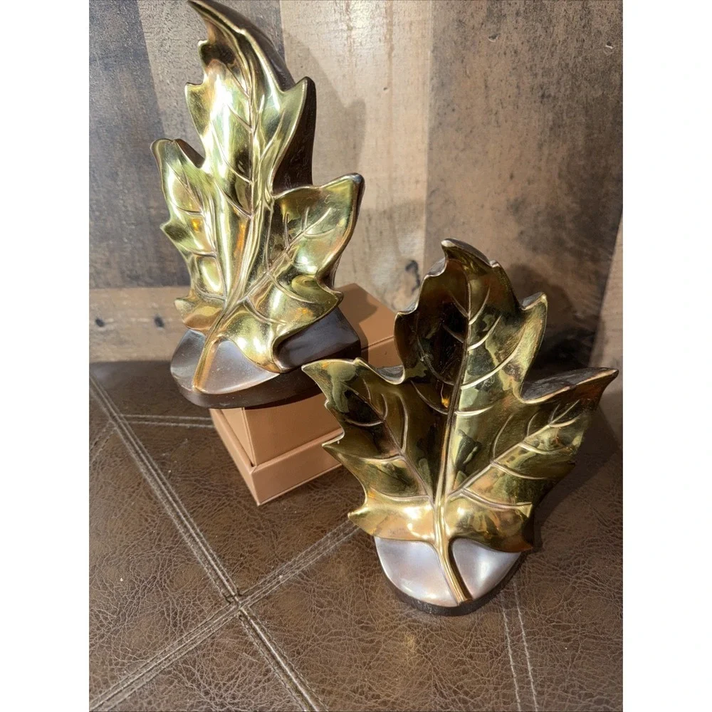 Vintage PM Craftsman Mid Century Brass Bronze Maple Leaf Bookend Set Heavy 7